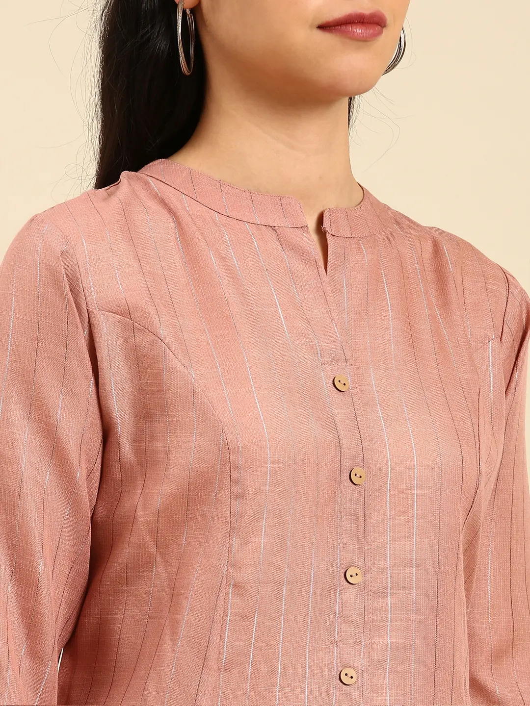 SHOWOFF Women Mauve Embellished Mandarin Collar Three-Quarter Sleeves Mid Length Straight Kurta