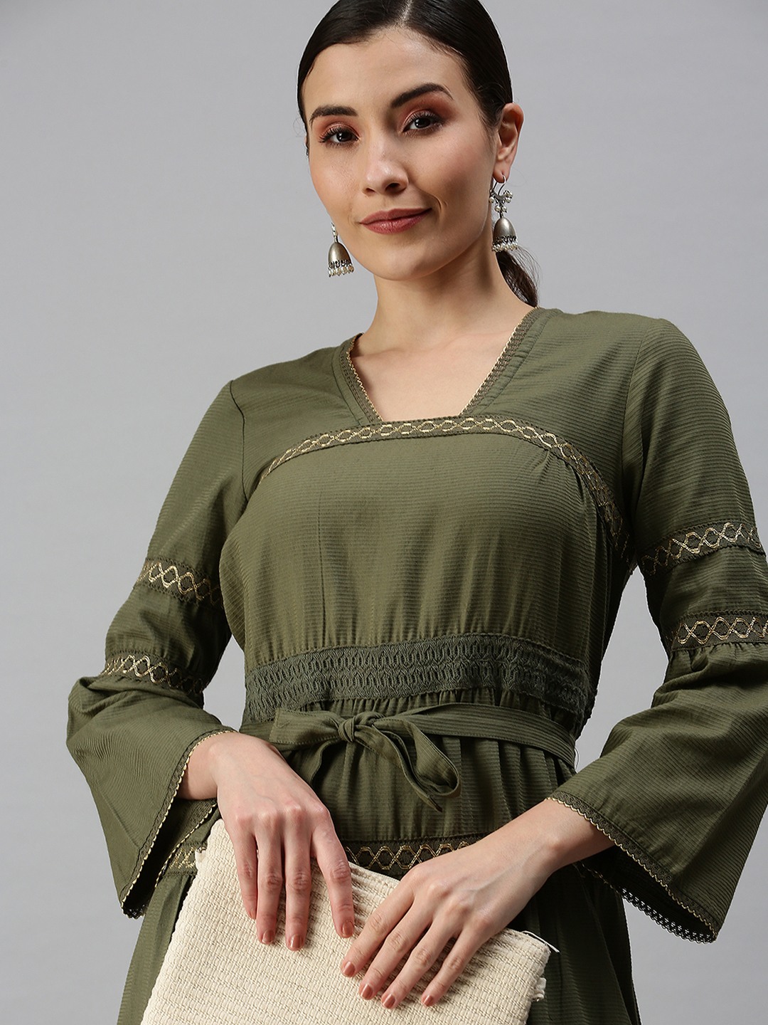 SHOWOFF Women Olive Solid Square Neck Three-Quarter Sleeves Mid Length Anarkali Kurta