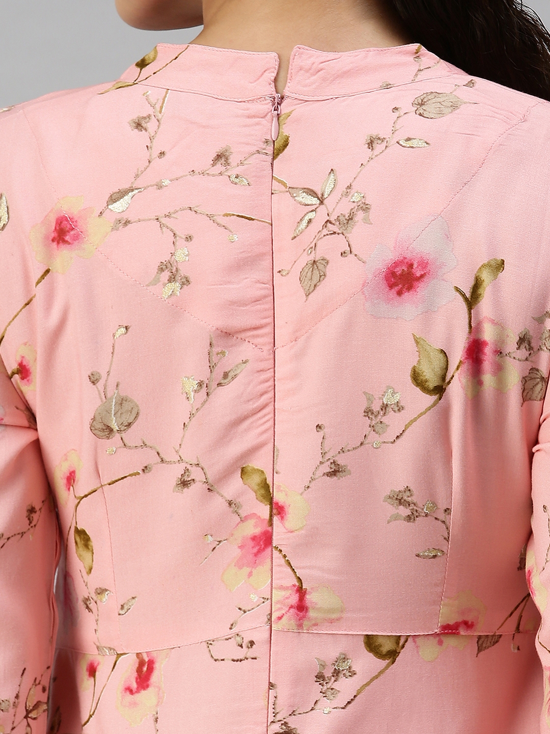 Women's Pink Cotton Blend Floral Regular Kurtas
