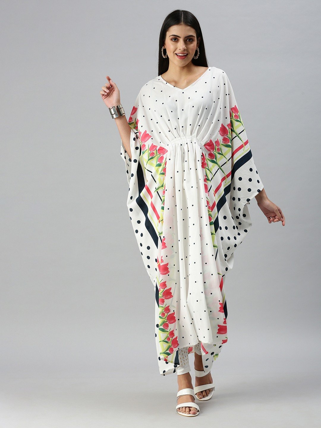 Women's White Chiffon Polka Dots Regular Kurtas