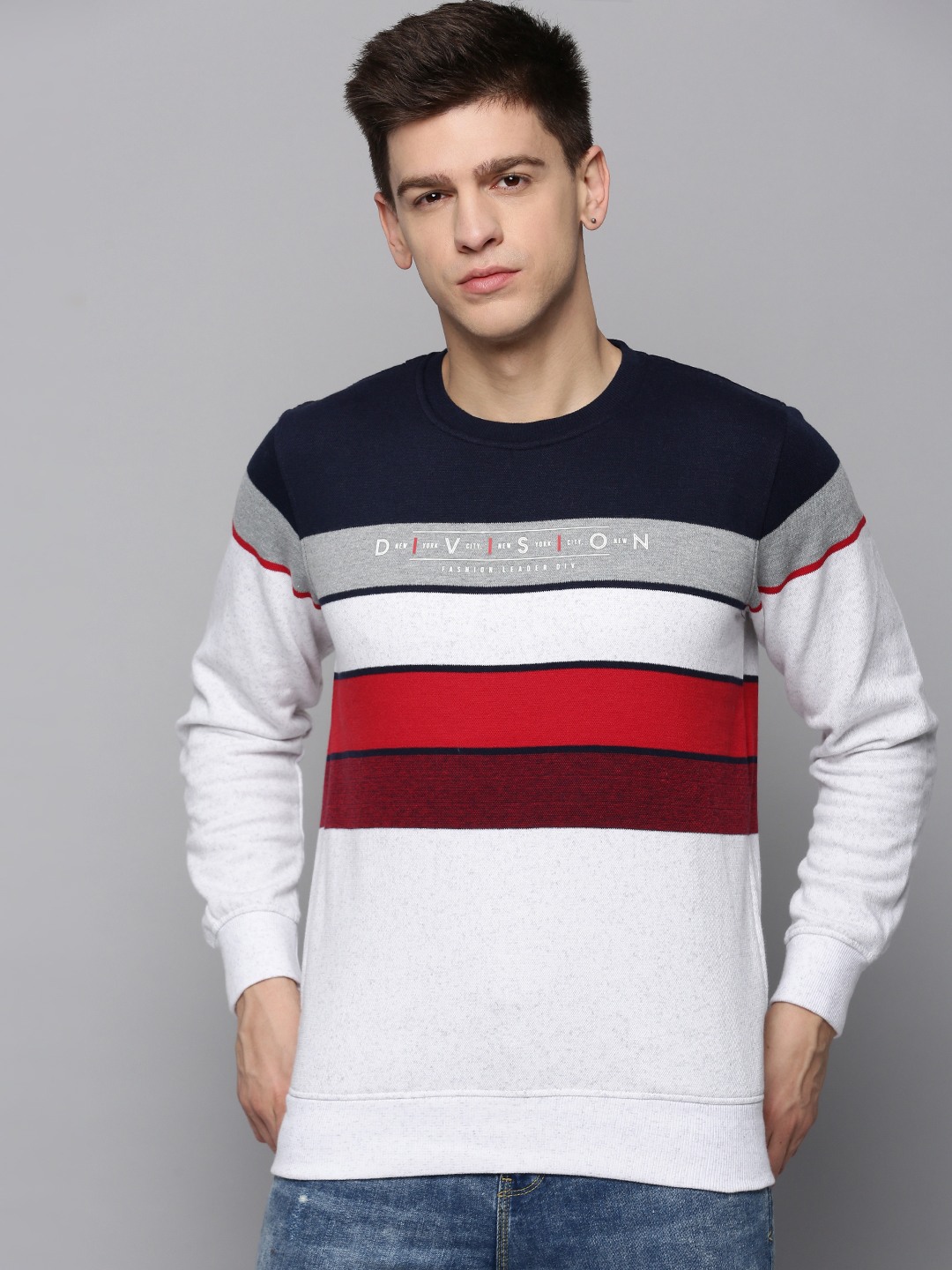 SHOWOFF Men's Round Neck Colourblocked Off White Pullover Sweatshirt