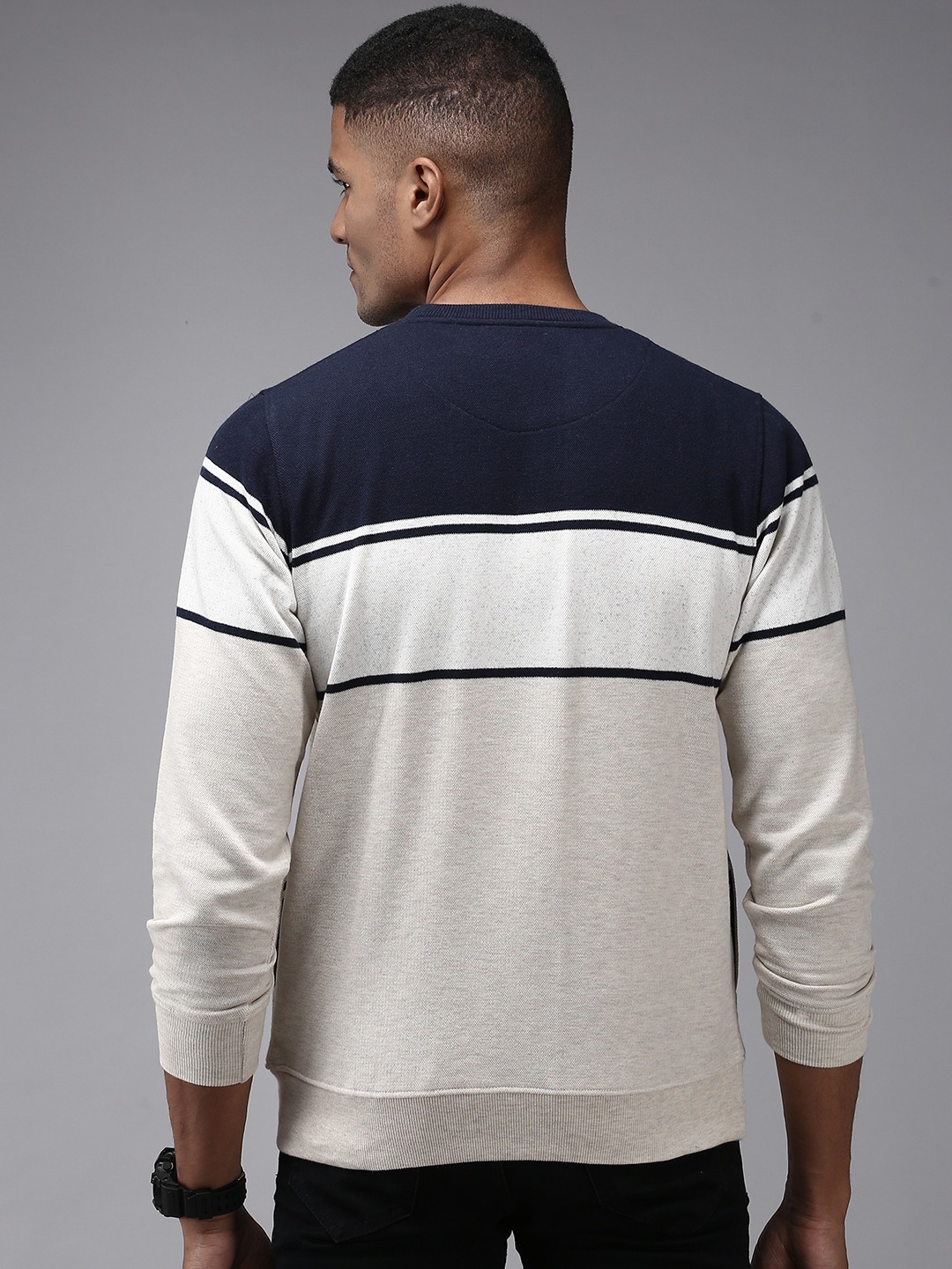 SHOWOFF Men Cream Colourblocked Round Neck Full Sleeves Pullover Sweatshirt