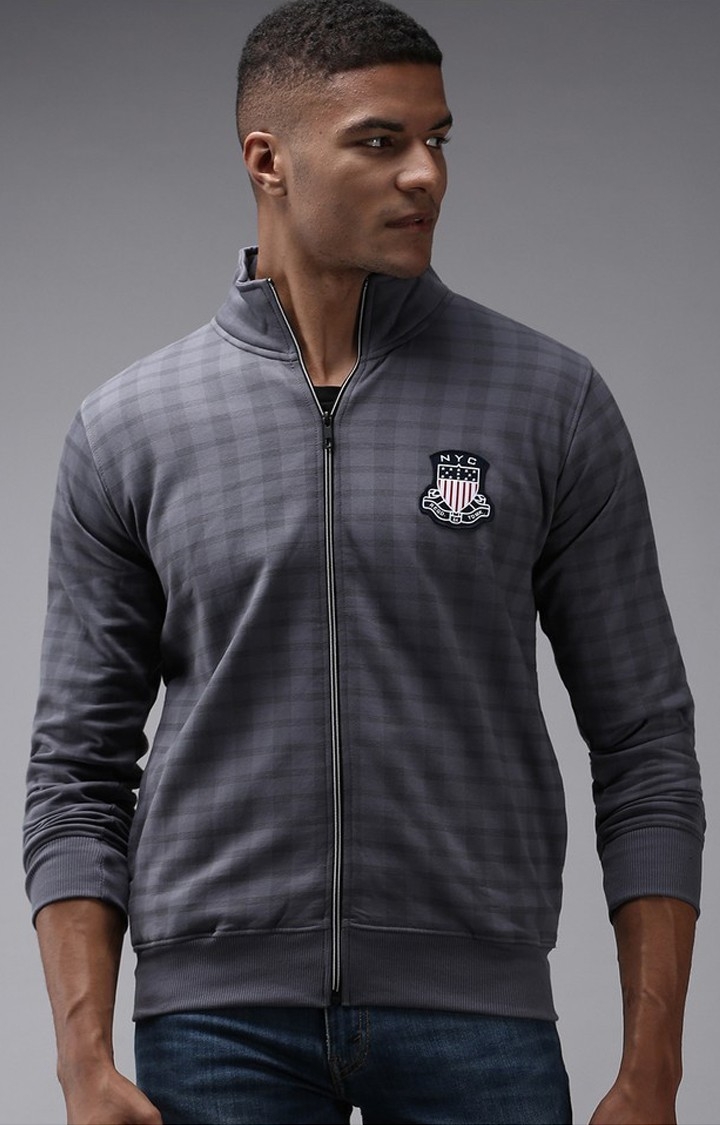Showoff | SHOWOFF Men Grey Checked High Neck Full Sleeves Front-Open Sweatshirt