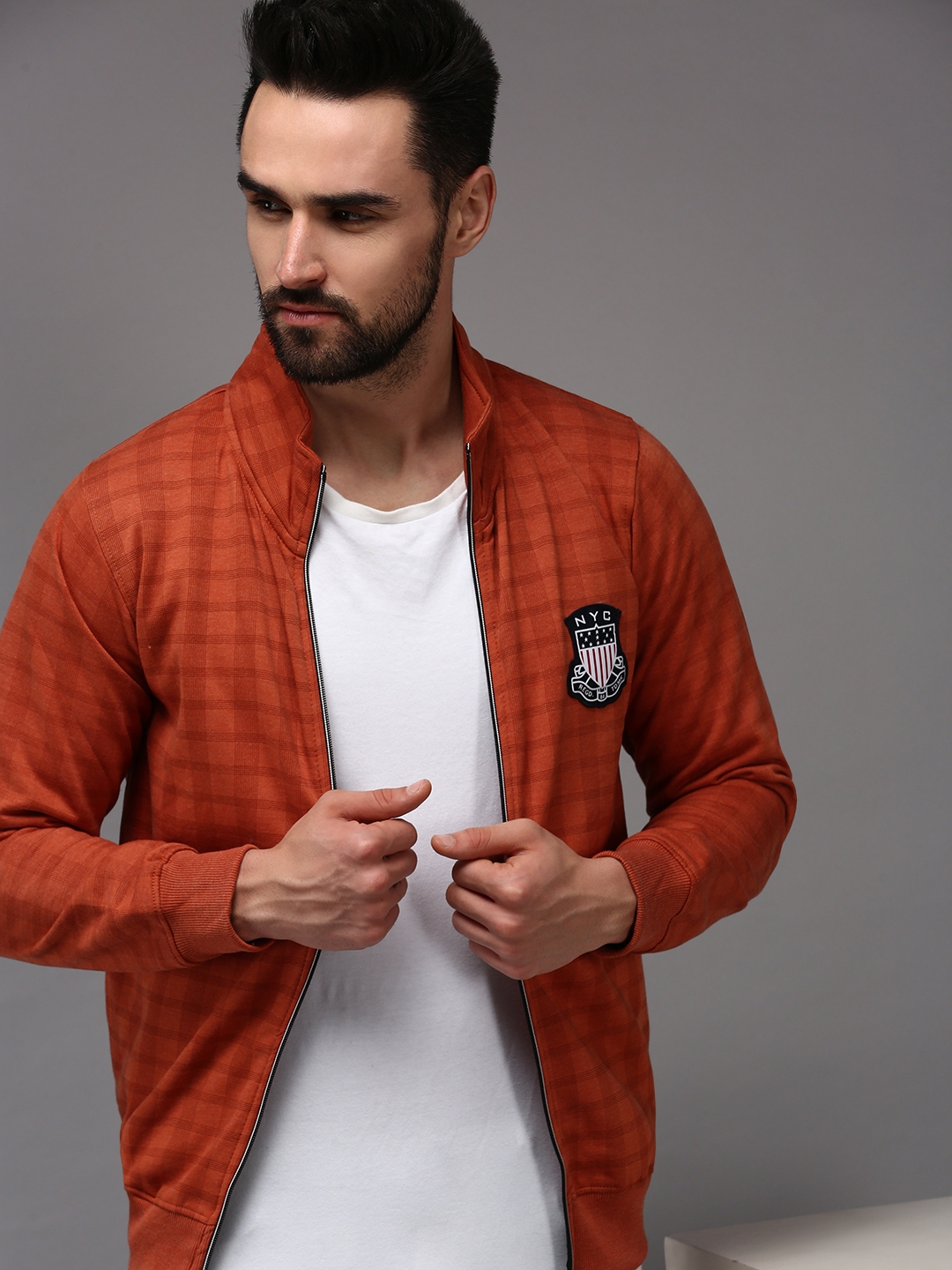 Men's Orange Cotton Checked Activewear Jackets
