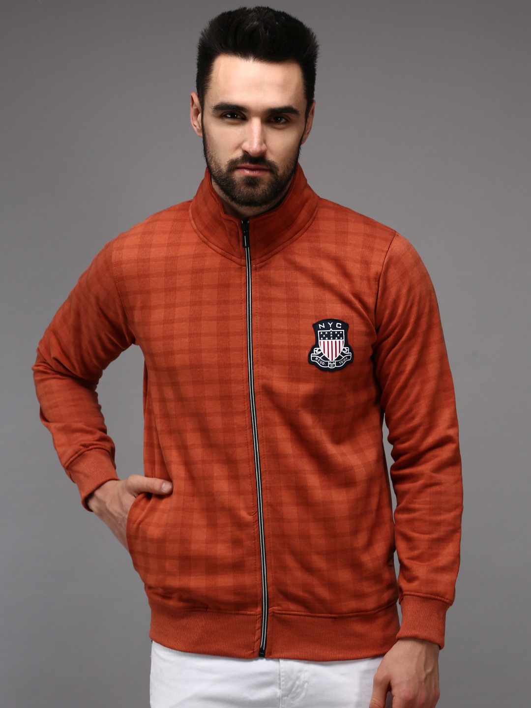 SHOWOFF Men's High Neck Rust Checked Sweatshirt