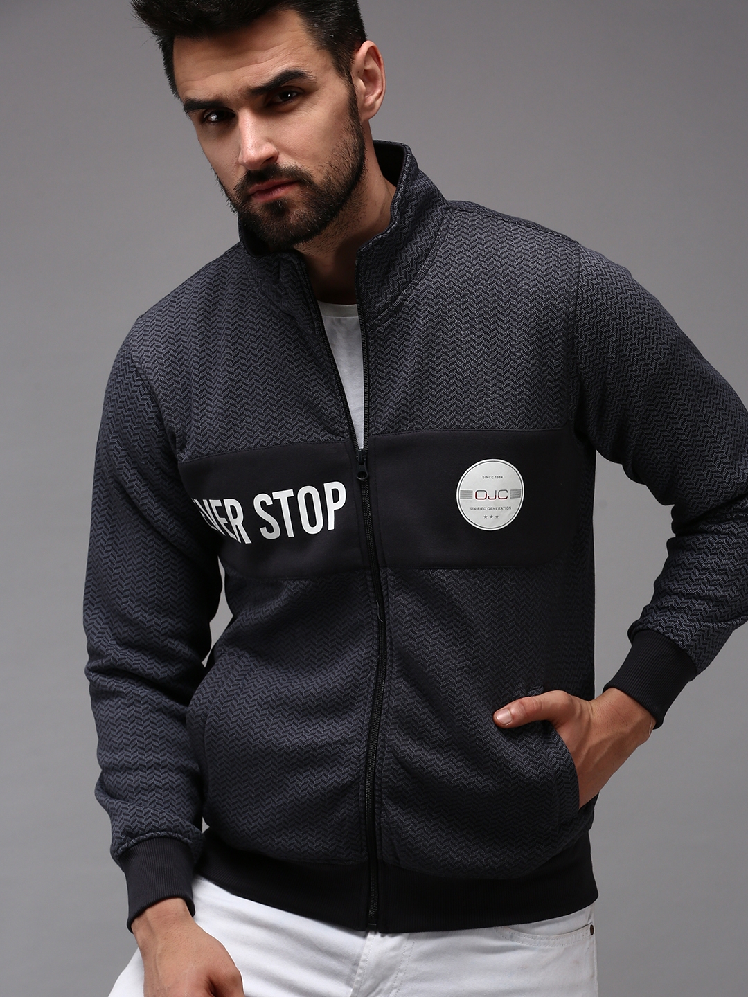 Showoff | SHOWOFF Men's High Neck Grey Geometric Sweatshirt
