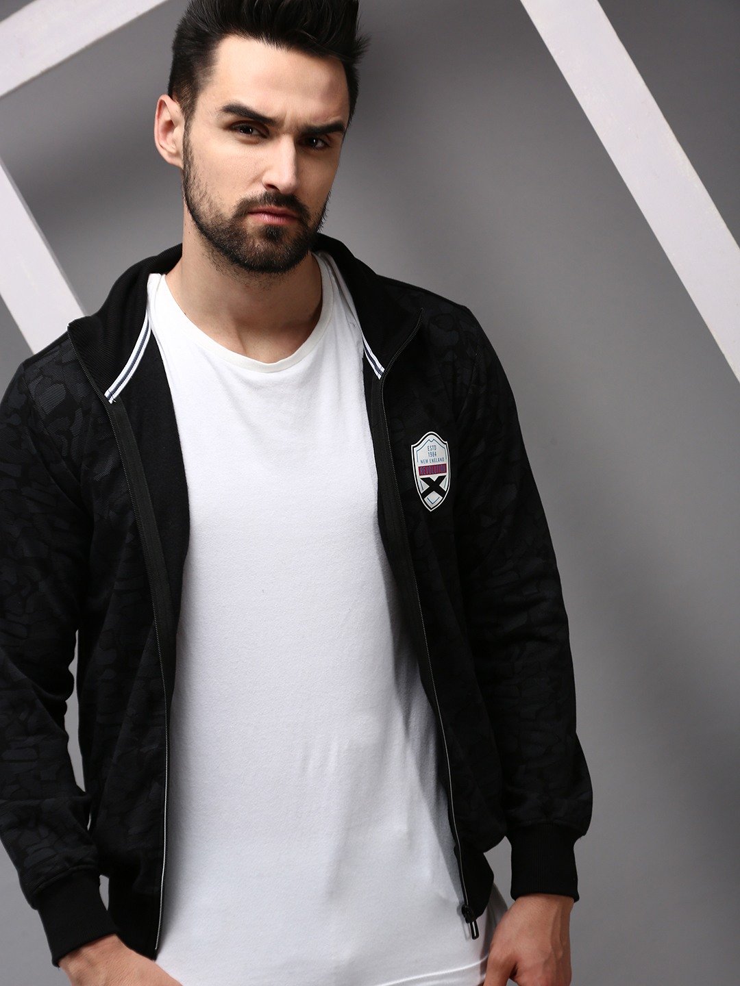 SHOWOFF Men Black Printed Mock Collar Full Sleeves Front-Open Sweatshirt
