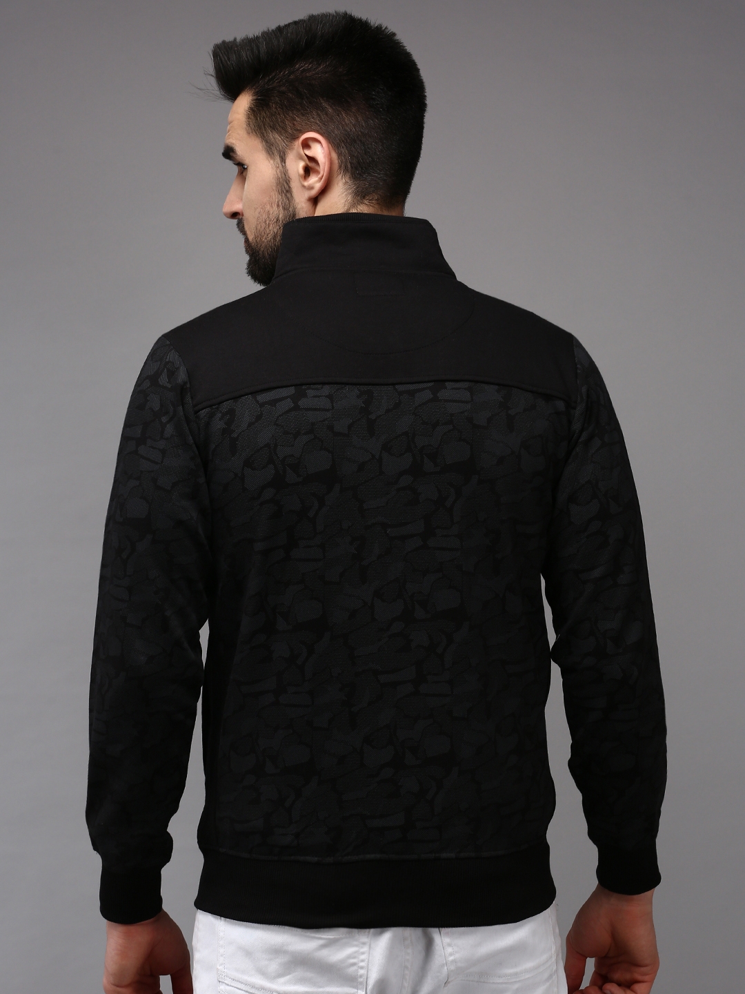 SHOWOFF Men Black Printed Mock Collar Full Sleeves Front-Open Sweatshirt