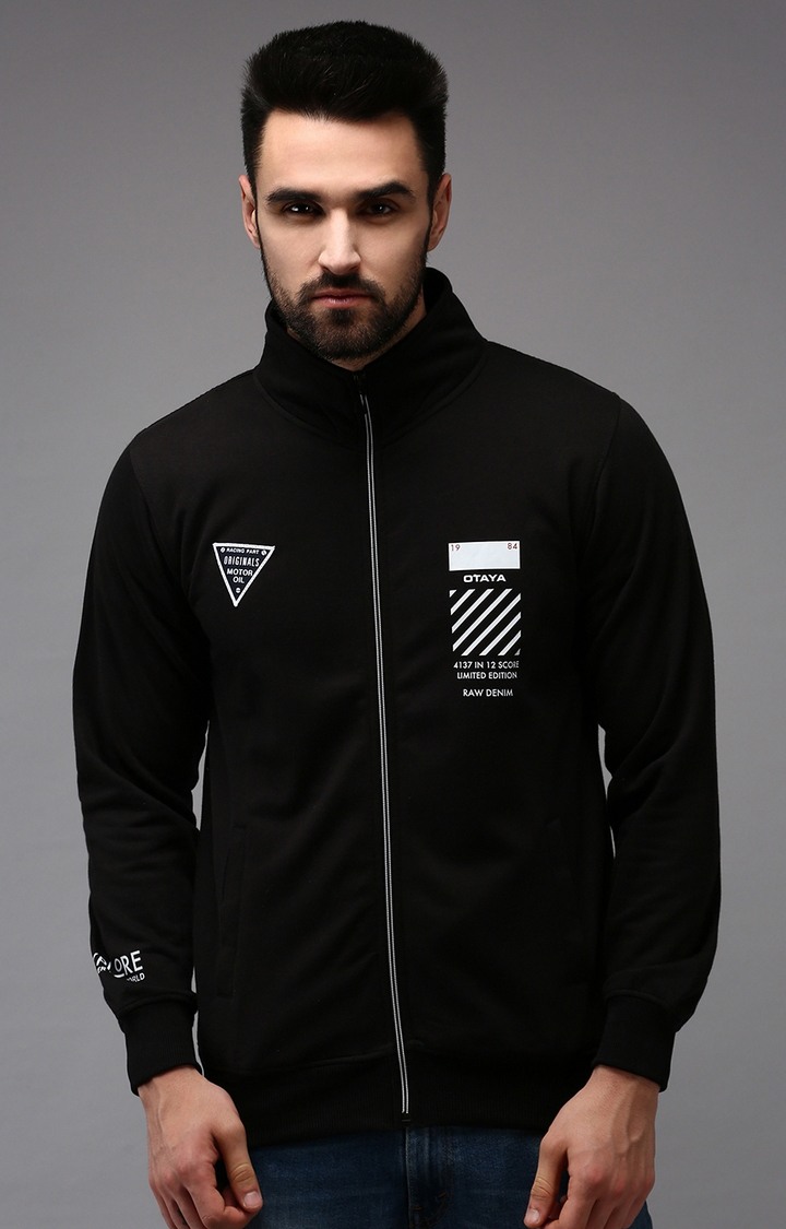 Showoff | SHOWOFF Men Black Solid High Neck Full Sleeves Front-Open Sweatshirt