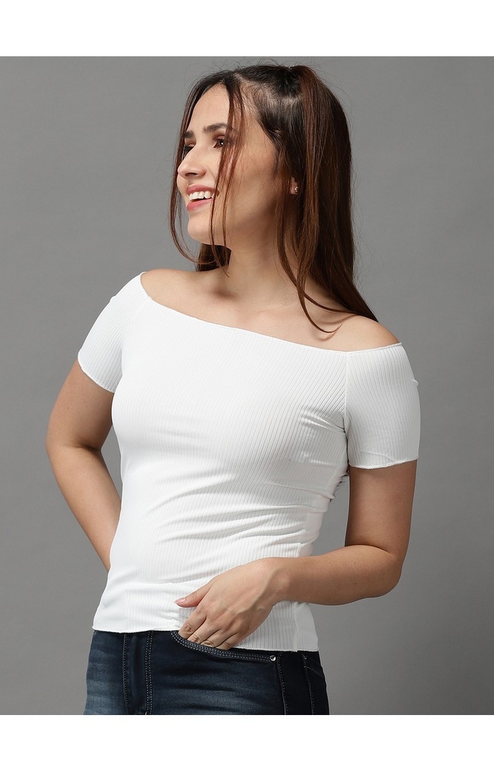 SHOWOFF Women White Solid  Off-Shoulder Short Sleeves Regular Fitted Top