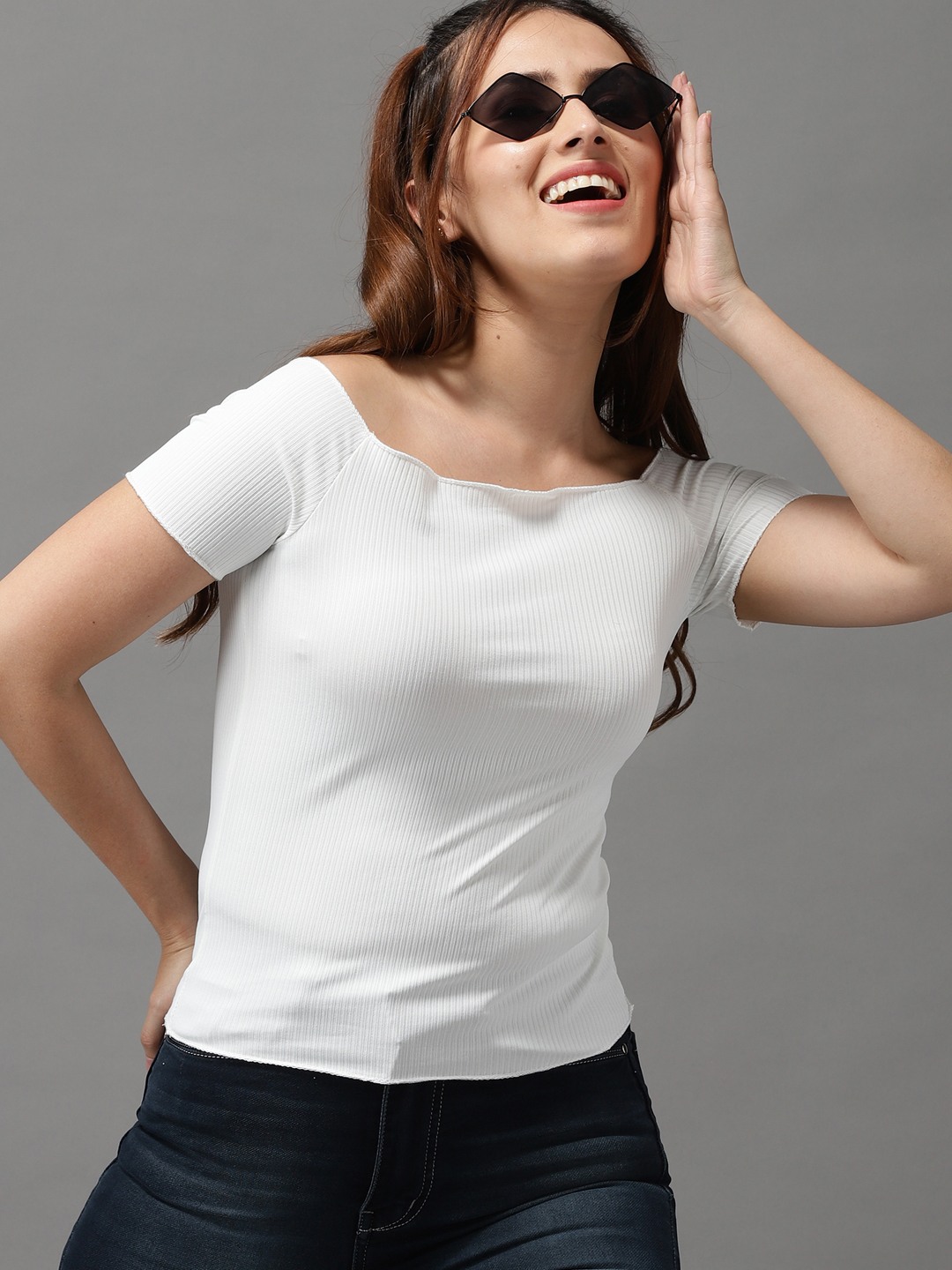 SHOWOFF Women White Solid  Off-Shoulder Short Sleeves Regular Fitted Top