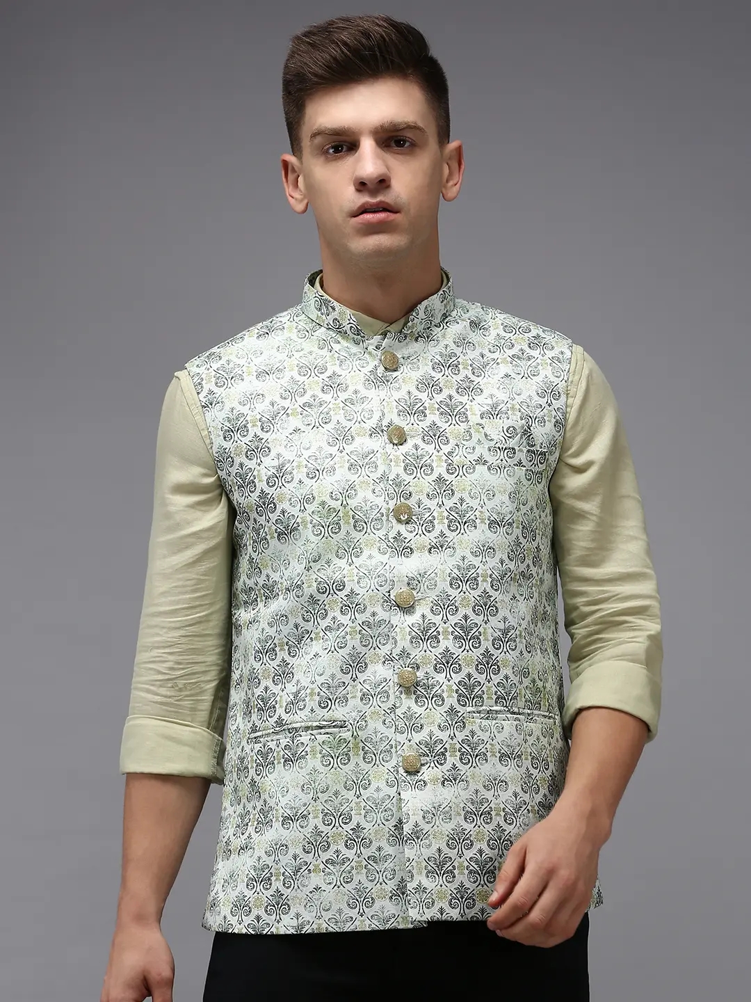 SHOWOFF Men Green Printed Mandarin Collar Sleeveless Nehru Jacket
