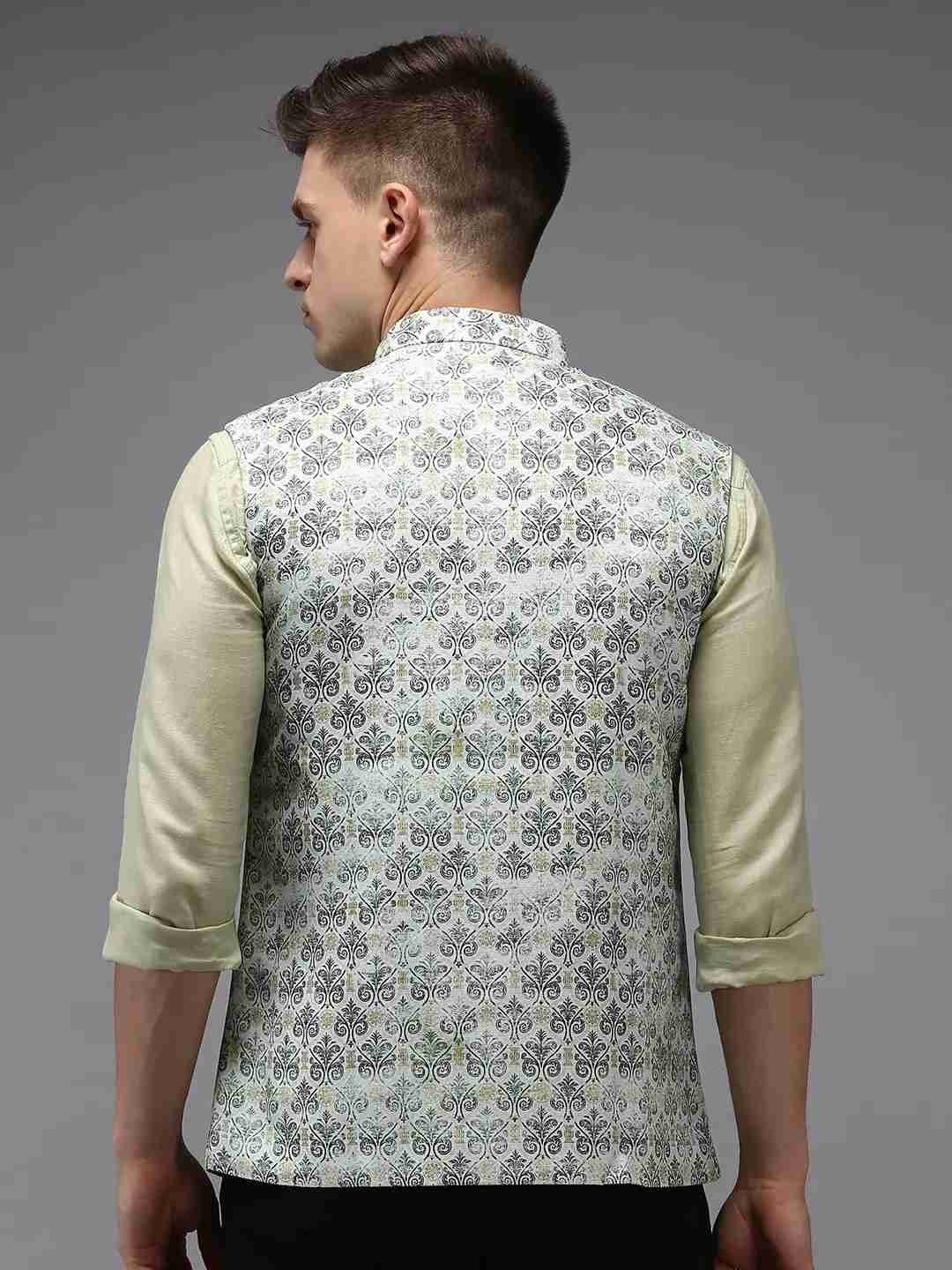 SHOWOFF Men Green Printed Mandarin Collar Sleeveless Nehru Jacket