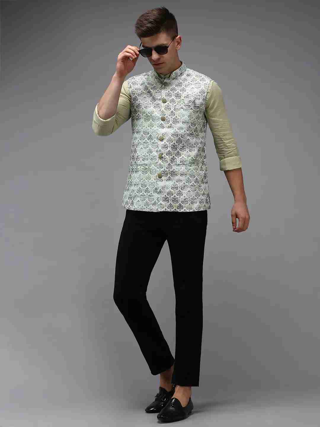 SHOWOFF Men Green Printed Mandarin Collar Sleeveless Nehru Jacket