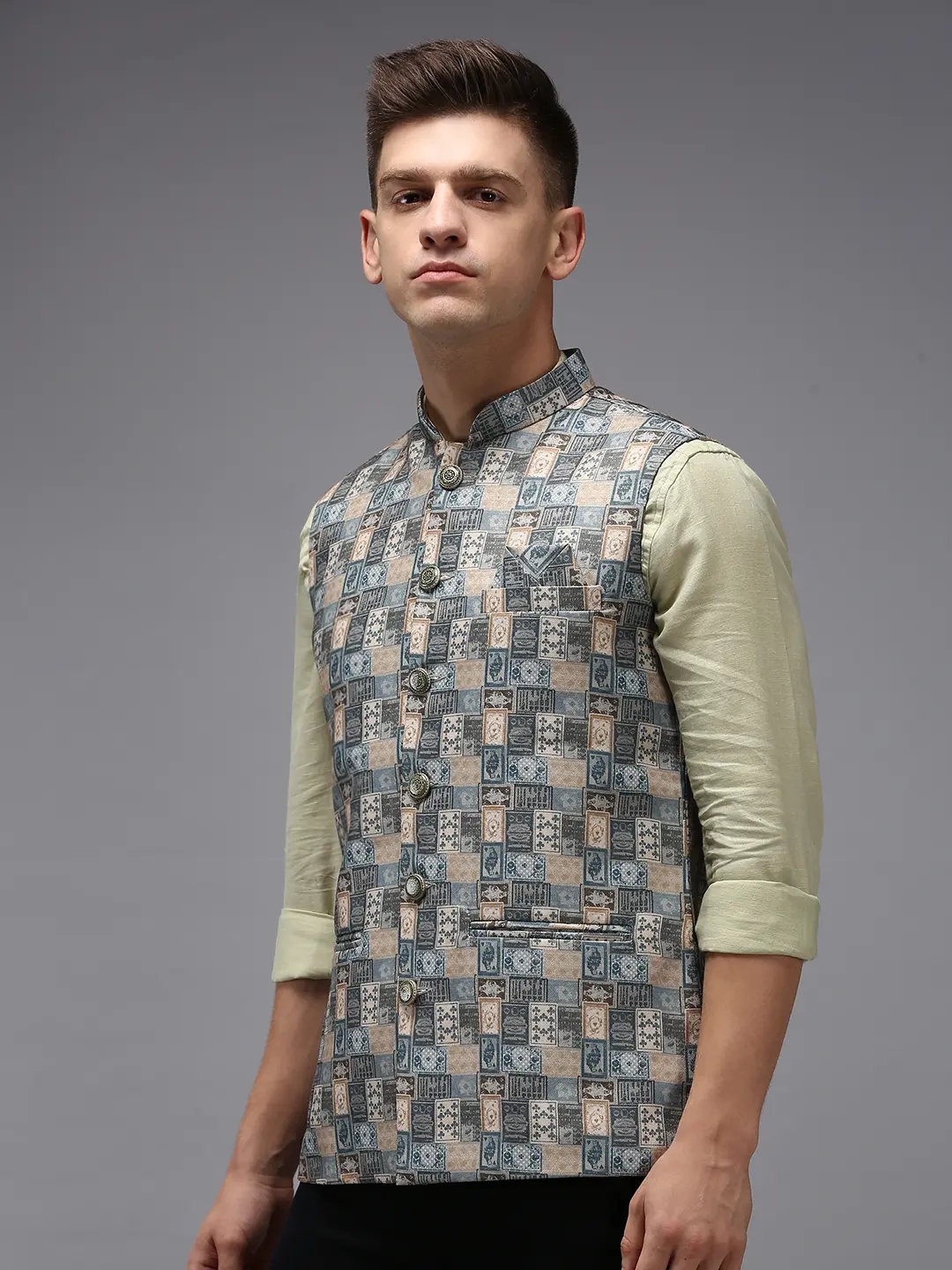 SHOWOFF Men's Printed Multi Ethnic Nehru Jackets