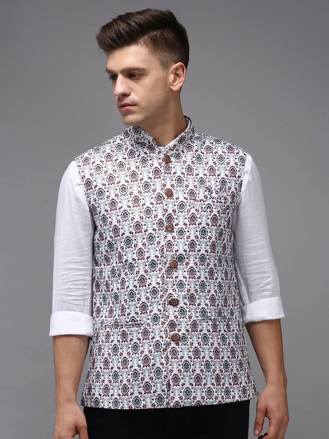Men's Multicolour Cotton Blend Printed Comfort Fit Ethnic Jackets