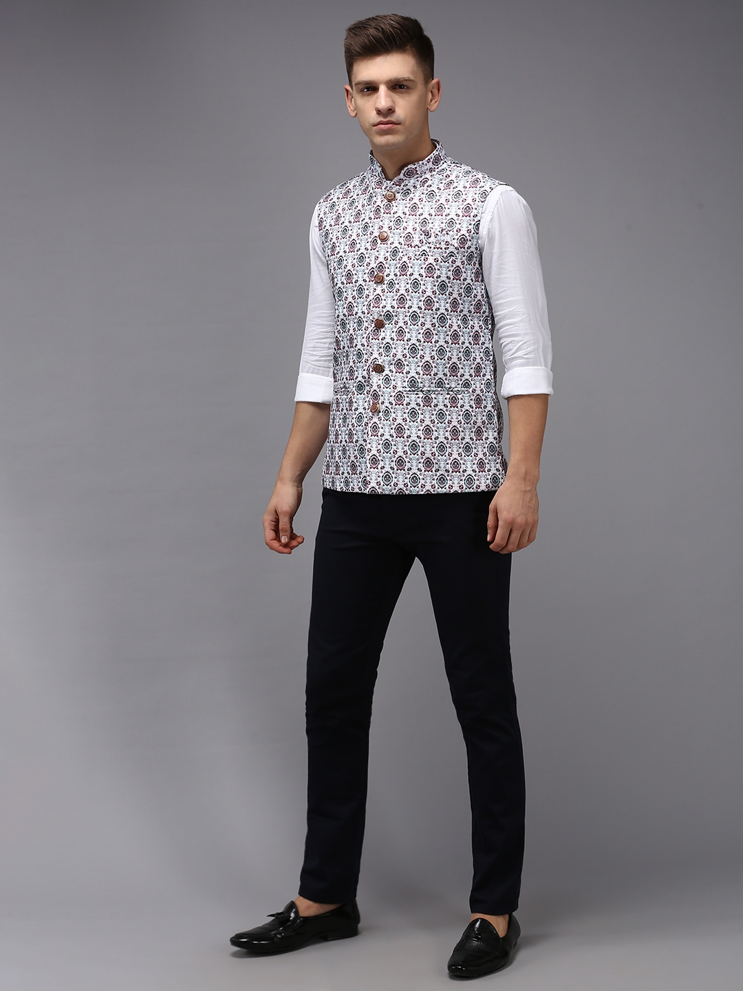 Men's Multicolour Cotton Blend Printed Comfort Fit Ethnic Jackets