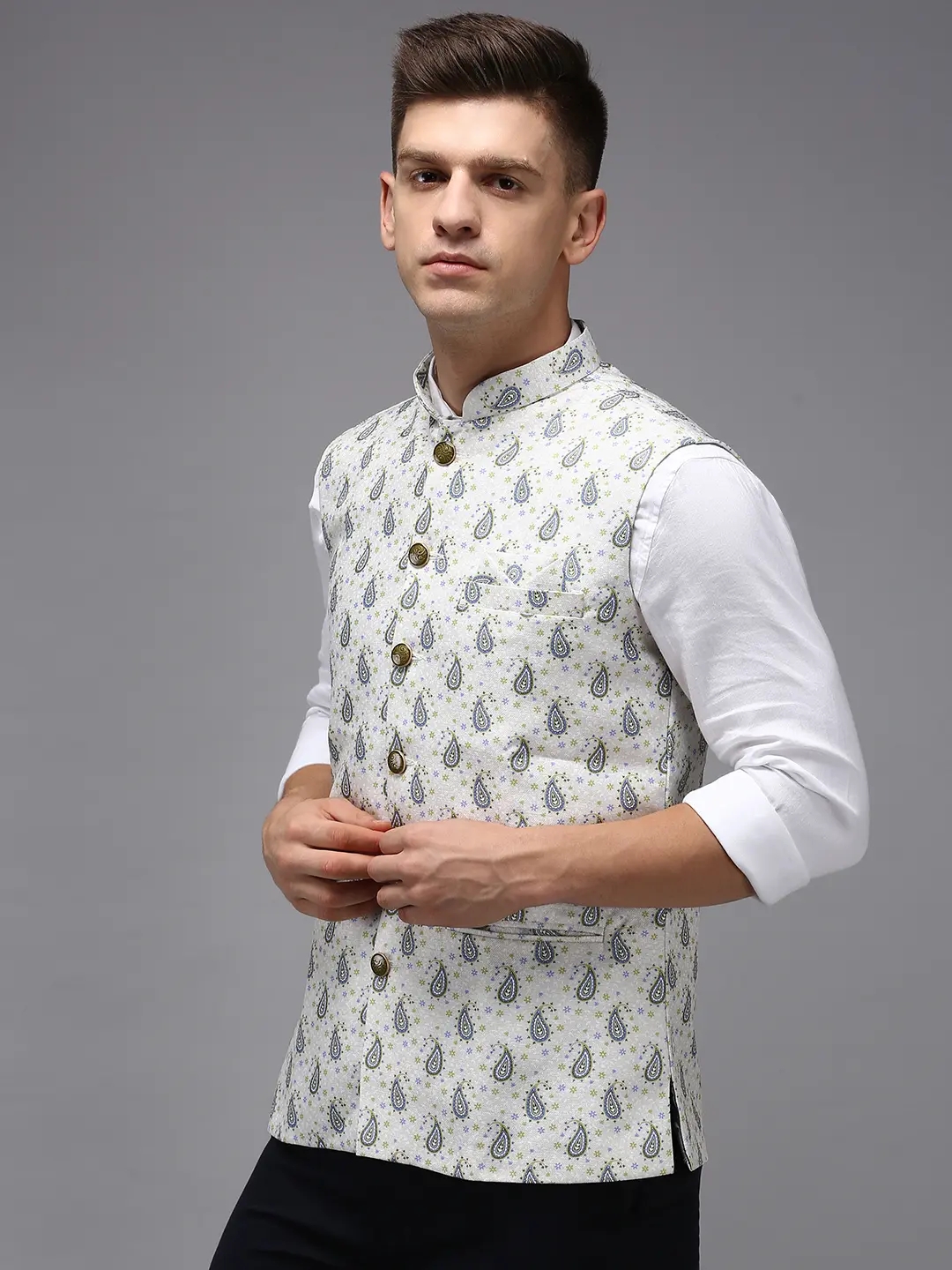 Men's Beige Cotton Blend Printed Comfort Fit Ethnic Jackets