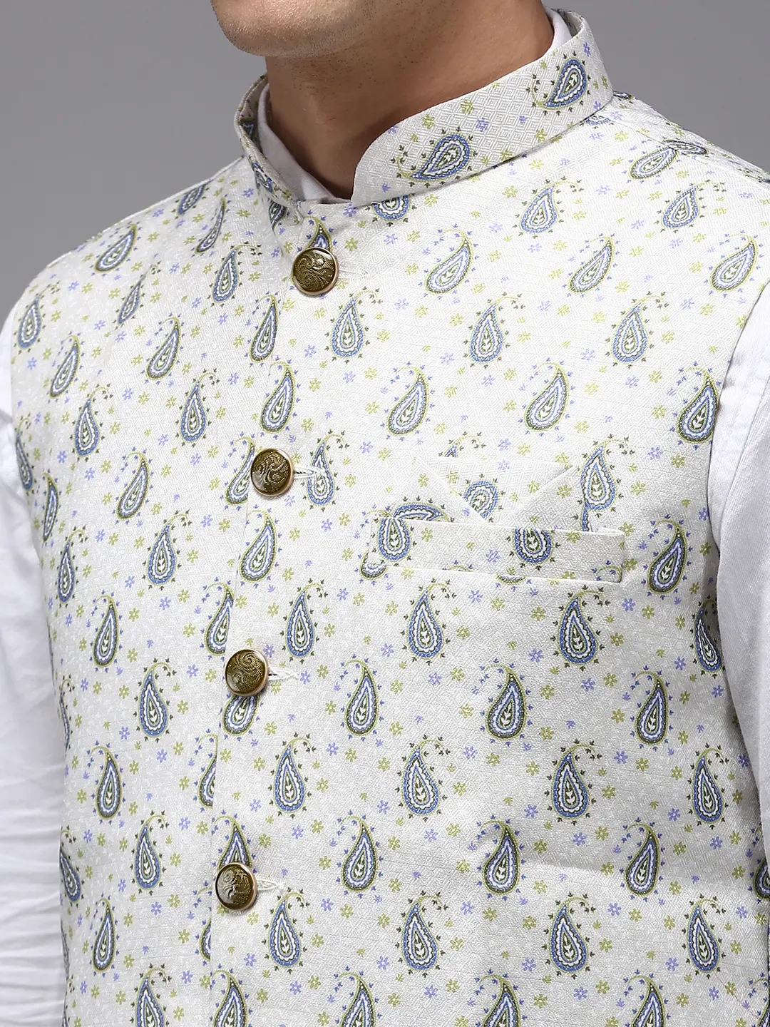 Men's Beige Cotton Blend Printed Comfort Fit Ethnic Jackets