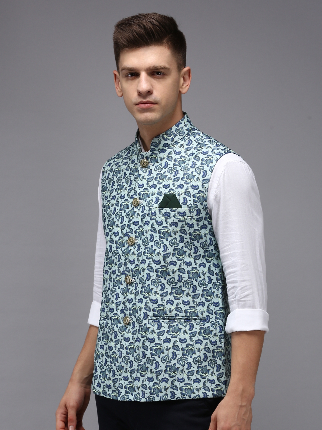 SHOWOFF Men's Printed Sea Green Ethnic Nehru Jackets