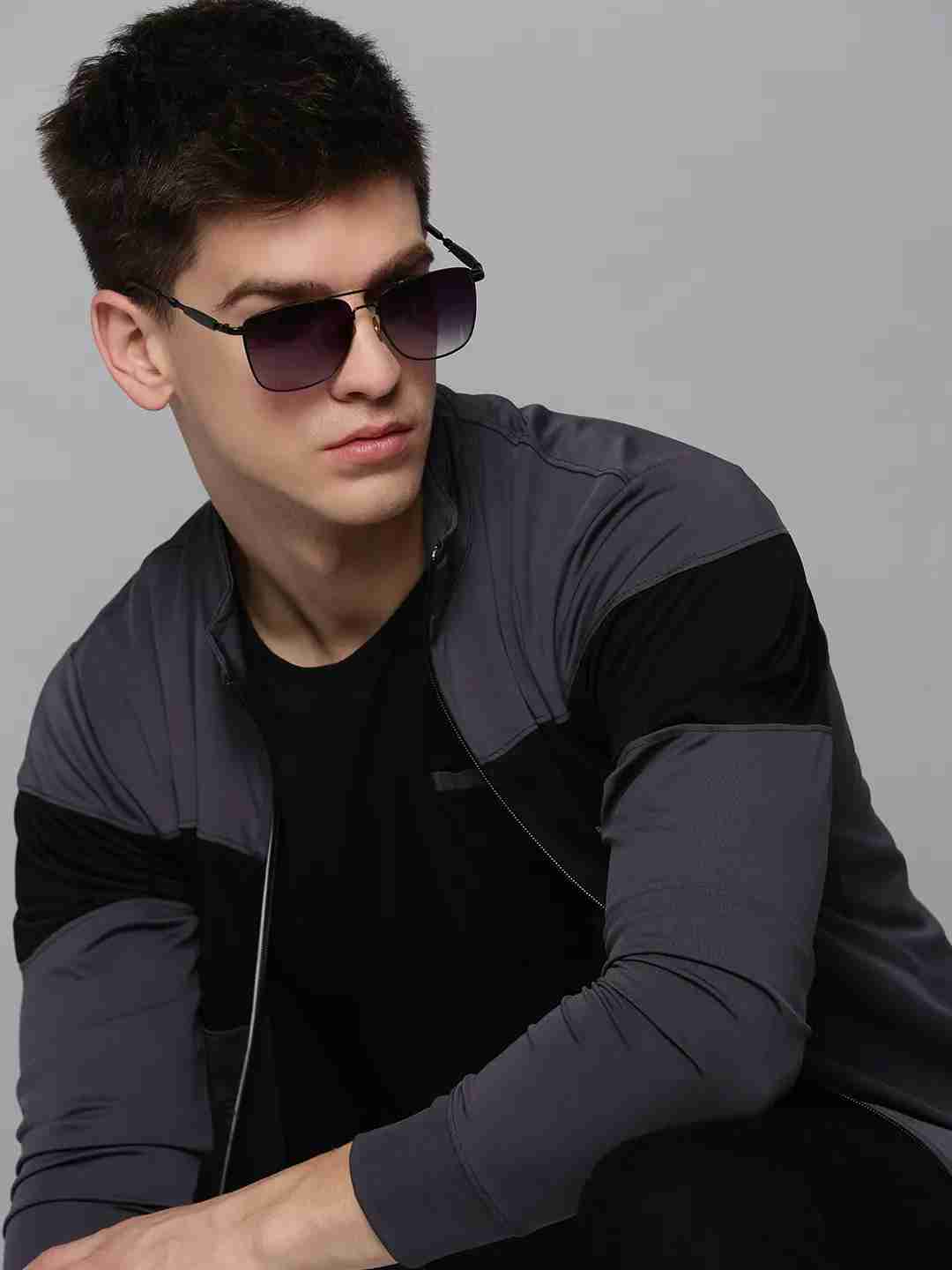 SHOWOFF Men's Mock Collar Colourblocked Grey Front-Open Sweatshirt