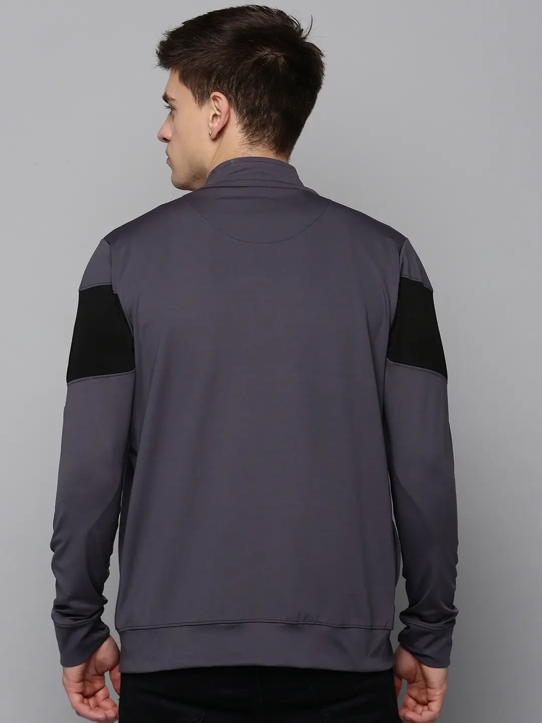 SHOWOFF Men's Mock Collar Colourblocked Grey Front-Open Sweatshirt