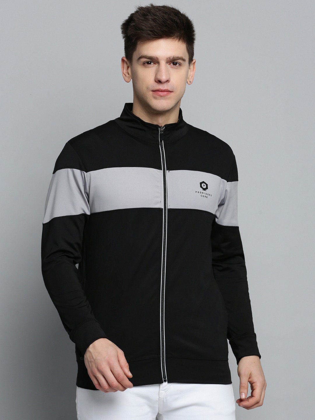 SHOWOFF Men's Mock Collar Colourblocked Black Front-Open Sweatshirt