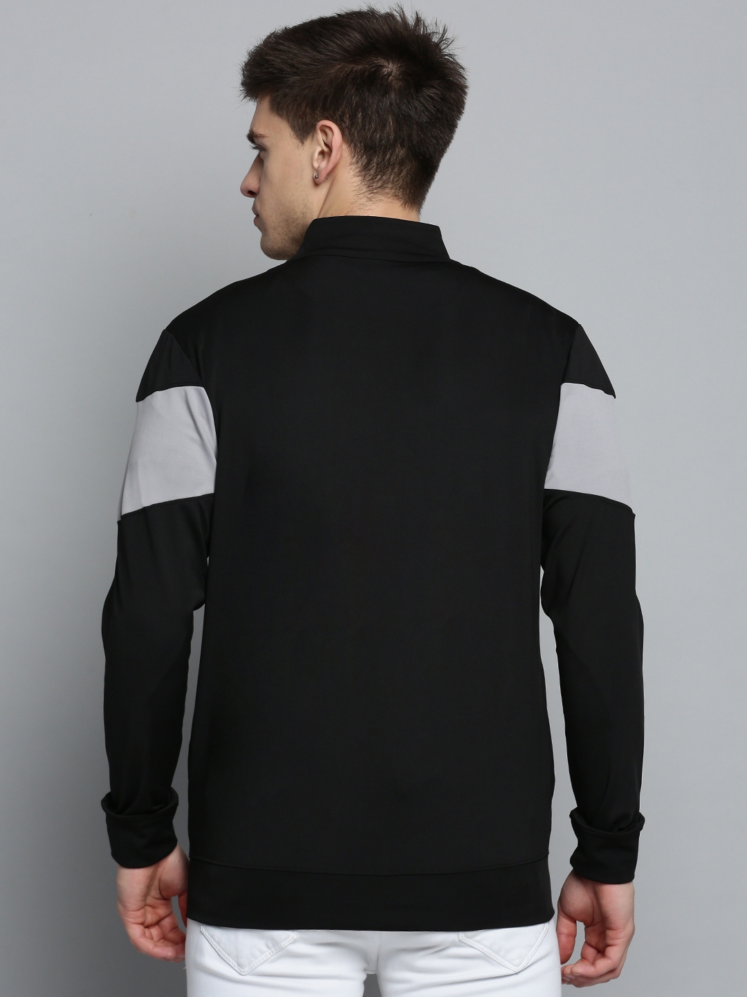 SHOWOFF Men's Mock Collar Colourblocked Black Front-Open Sweatshirt