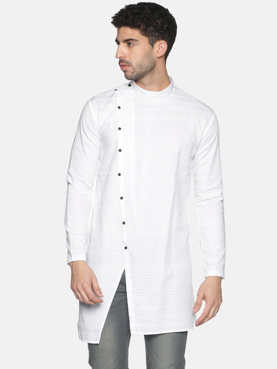 SHOWOFF Men White Striped Mandarin Collar Full Sleeves Above Knee Asymmetric Kurta