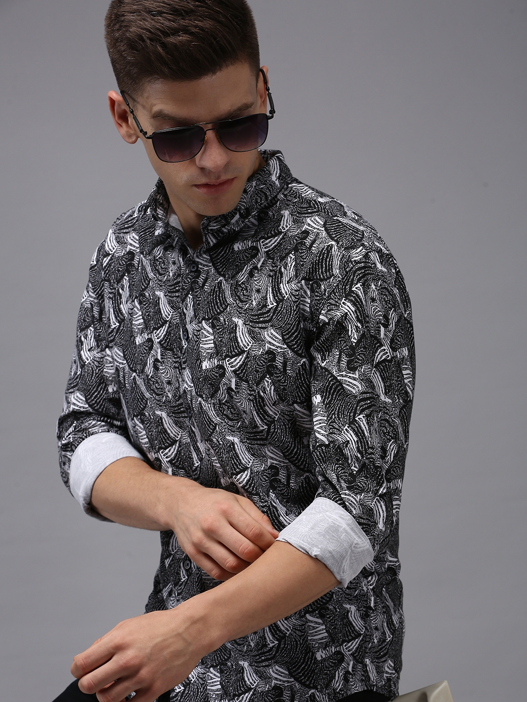 SHOWOFF Men's Black Spread Collar Abstract Print Comfort Fit Shirt