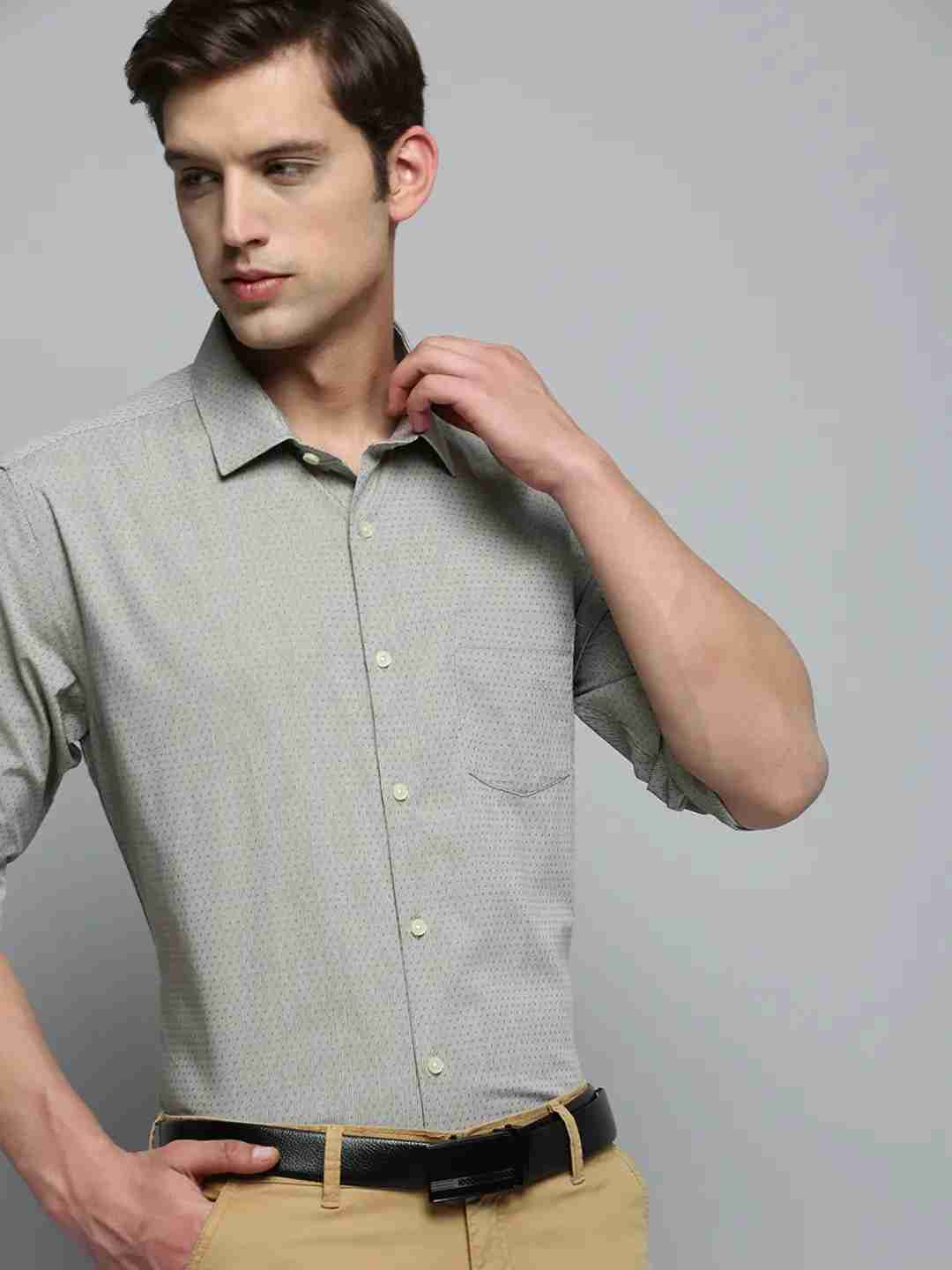 SHOWOFF Men's Spread Collar Olive Striped Shirt