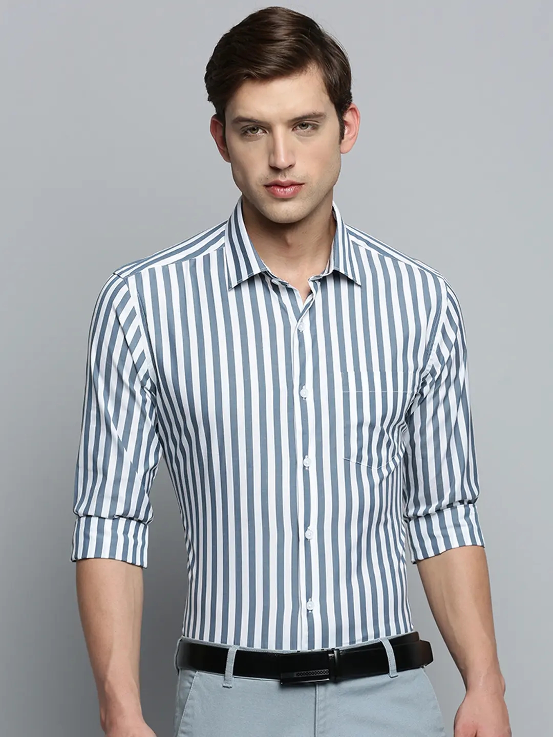 SHOWOFF Men's Spread Collar Self Design Grey Smart Shirt