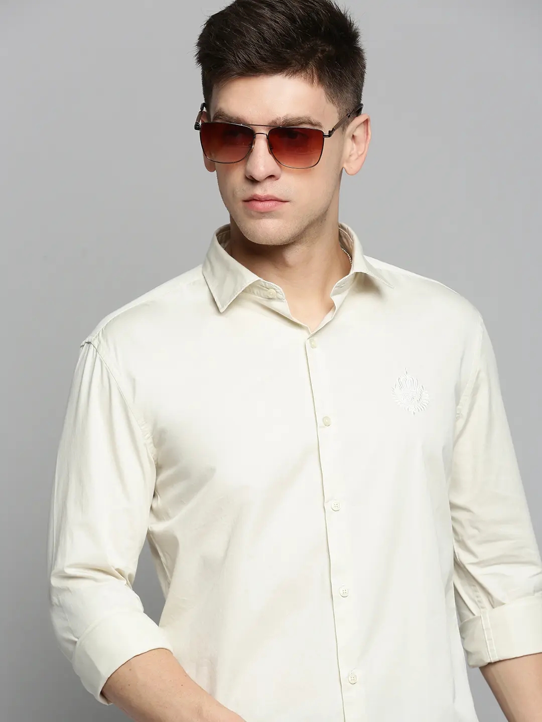 SHOWOFF Men's Spread Collar Cream Self Design Shirt