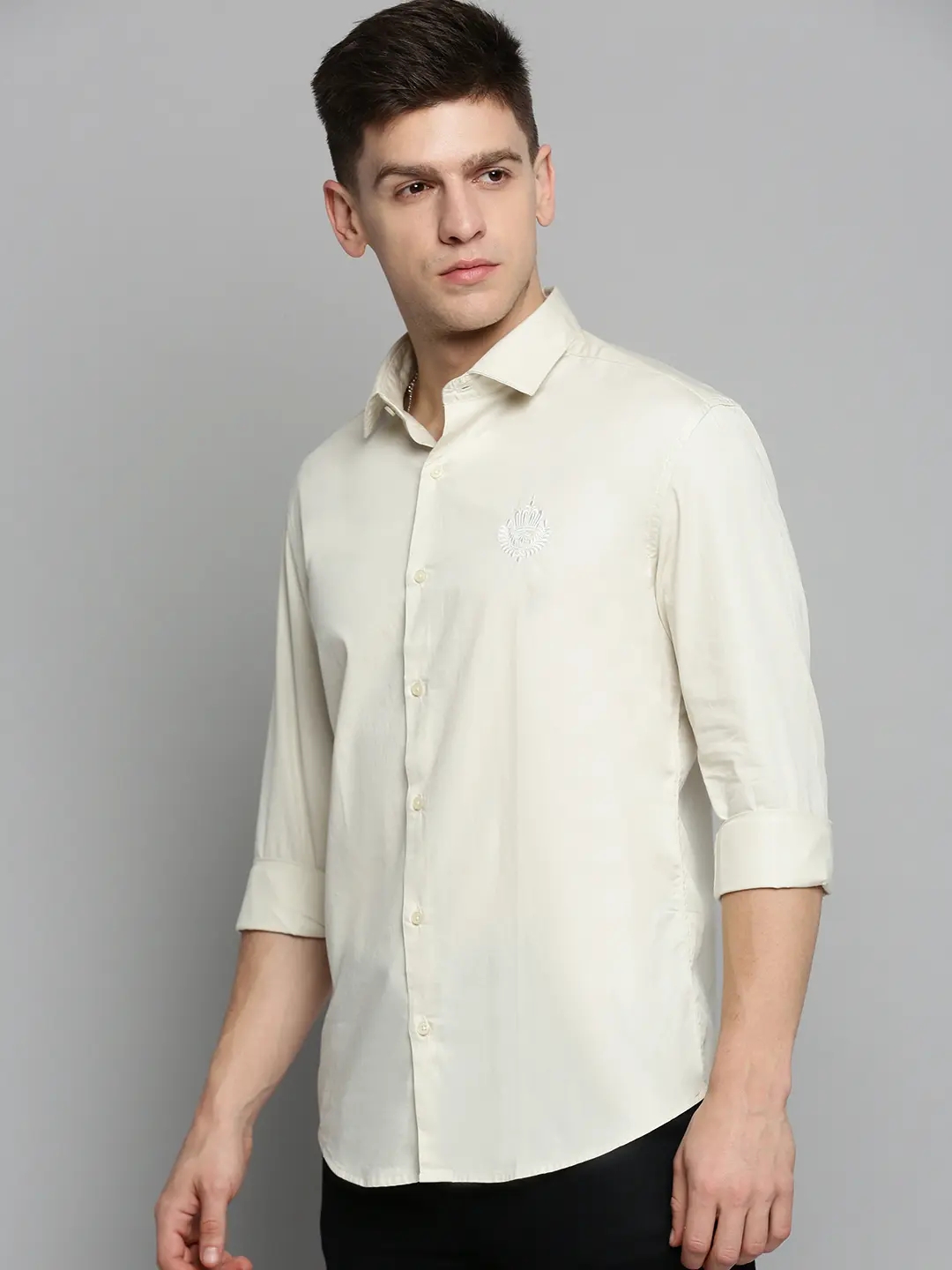 SHOWOFF Men's Spread Collar Cream Self Design Shirt