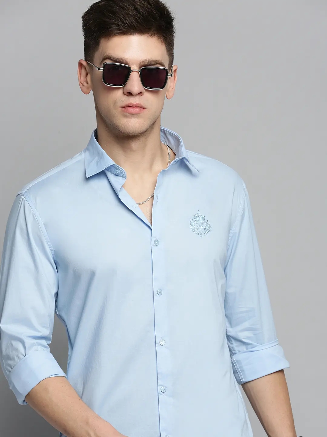 SHOWOFF Men's Spread Collar Blue Self Design Shirt