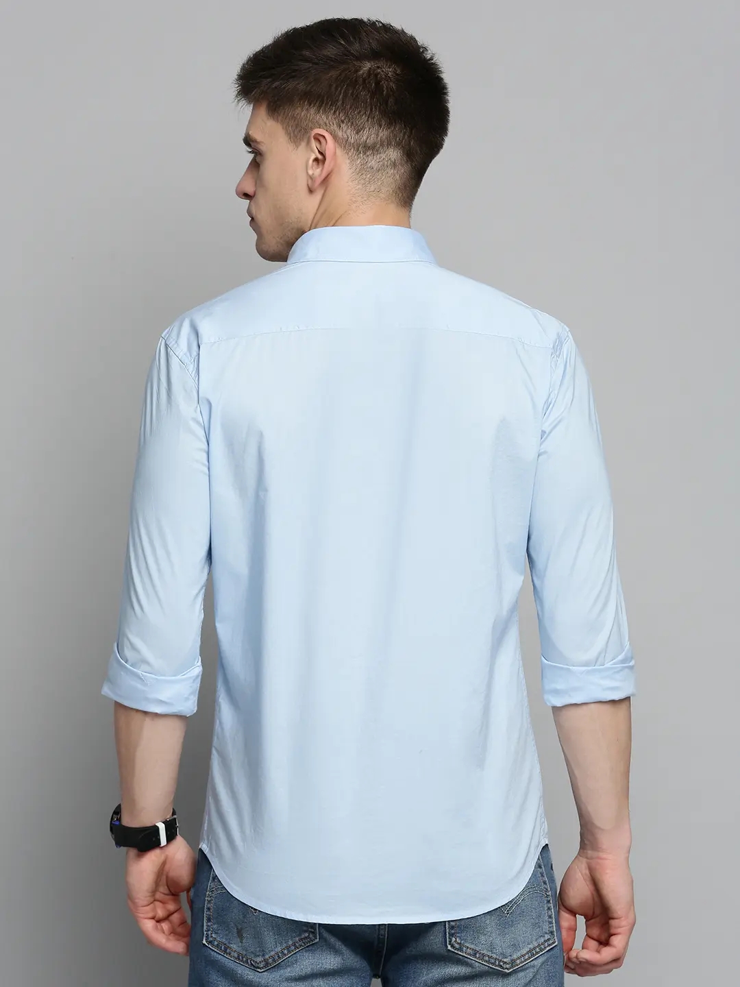 SHOWOFF Men's Spread Collar Blue Self Design Shirt