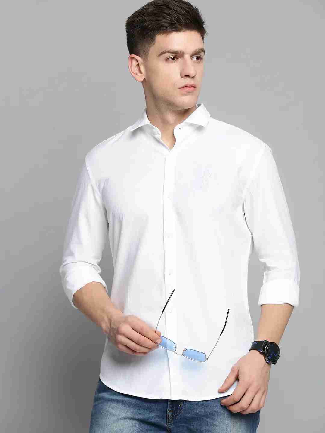 SHOWOFF Men's Spread Collar White Self Design Shirt