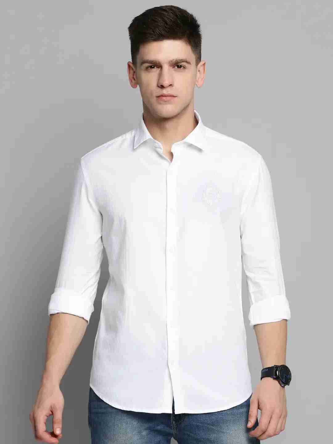 SHOWOFF Men's Spread Collar White Self Design Shirt