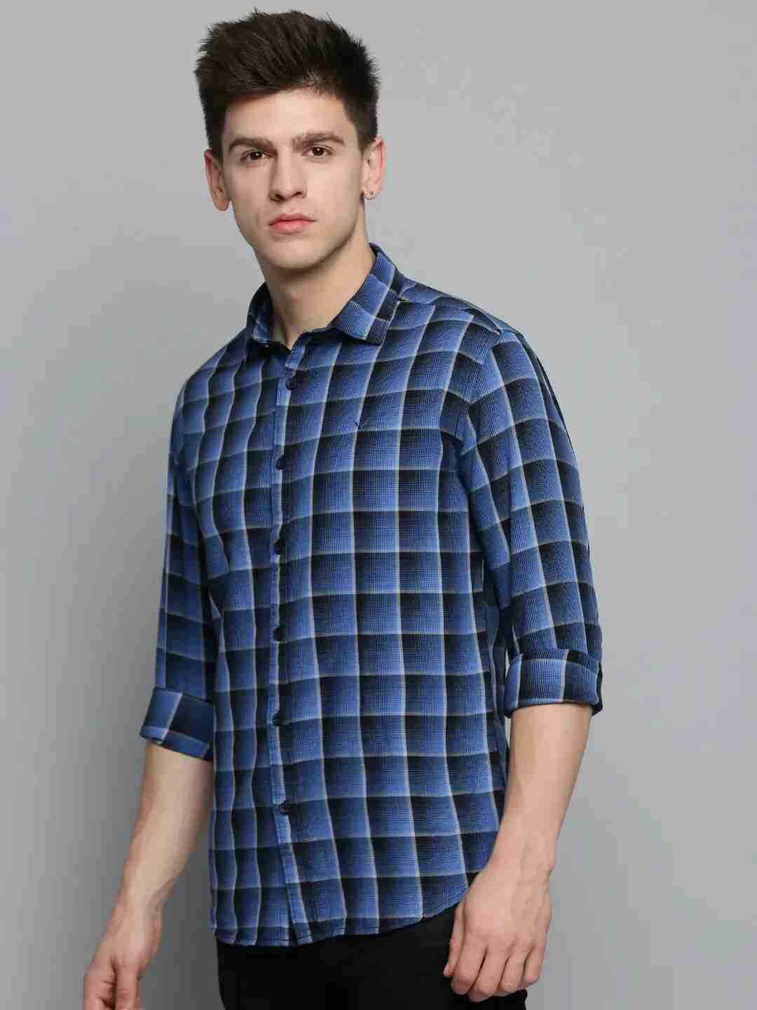 SHOWOFF Men's Spread Collar Blue Checked Shirt