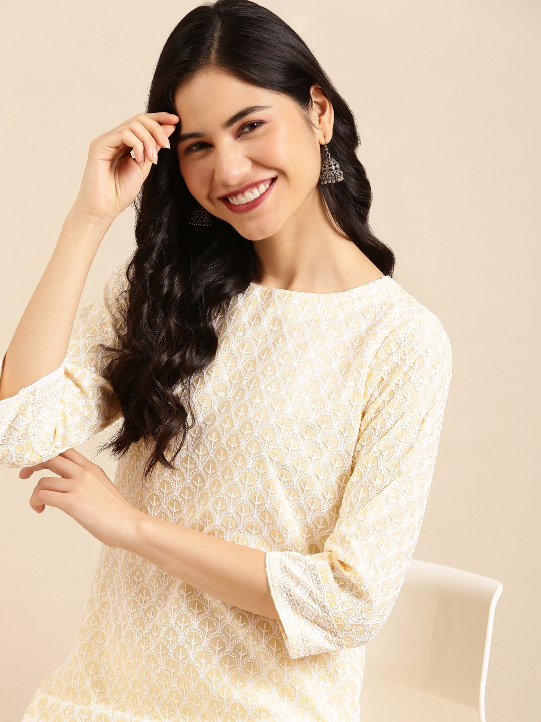 Women's Yellow Cotton Embroidered Comfort Fit Kurtas