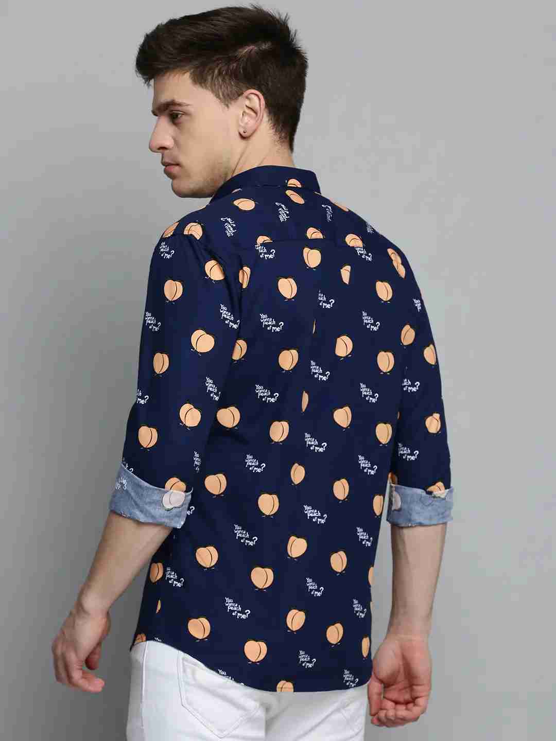 SHOWOFF Men's Spread Collar Navy Blue Printed Shirt