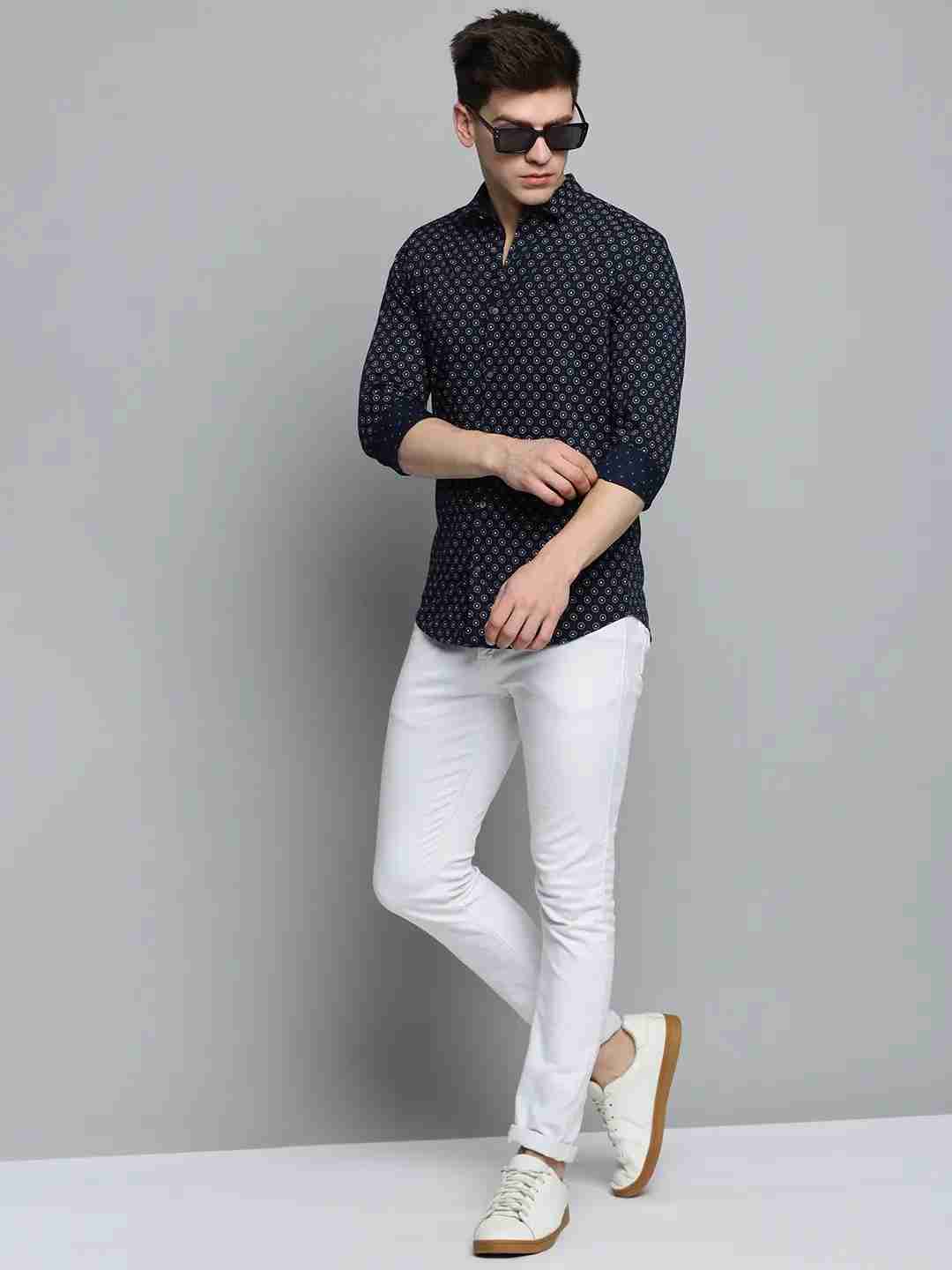 SHOWOFF Men's Spread Collar Navy Blue Printed Shirt