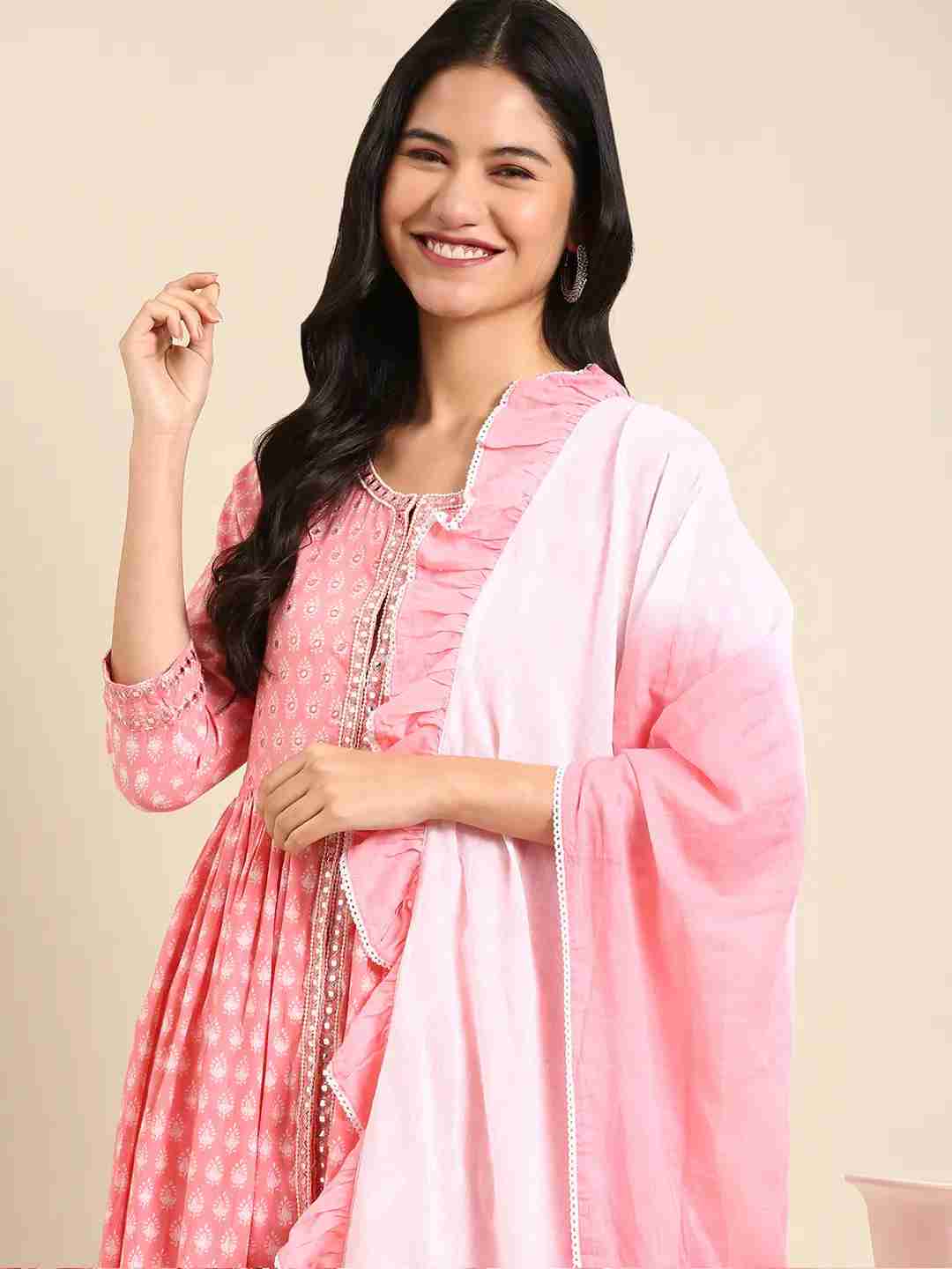 Women's Pink Cotton Printed Comfort Fit Kurtas