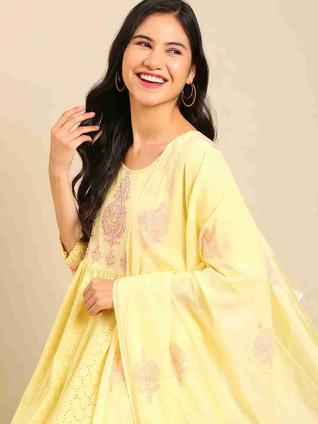 SHOWOFF Women's Scoop Neck Yellow Anarkali Kurta Sets