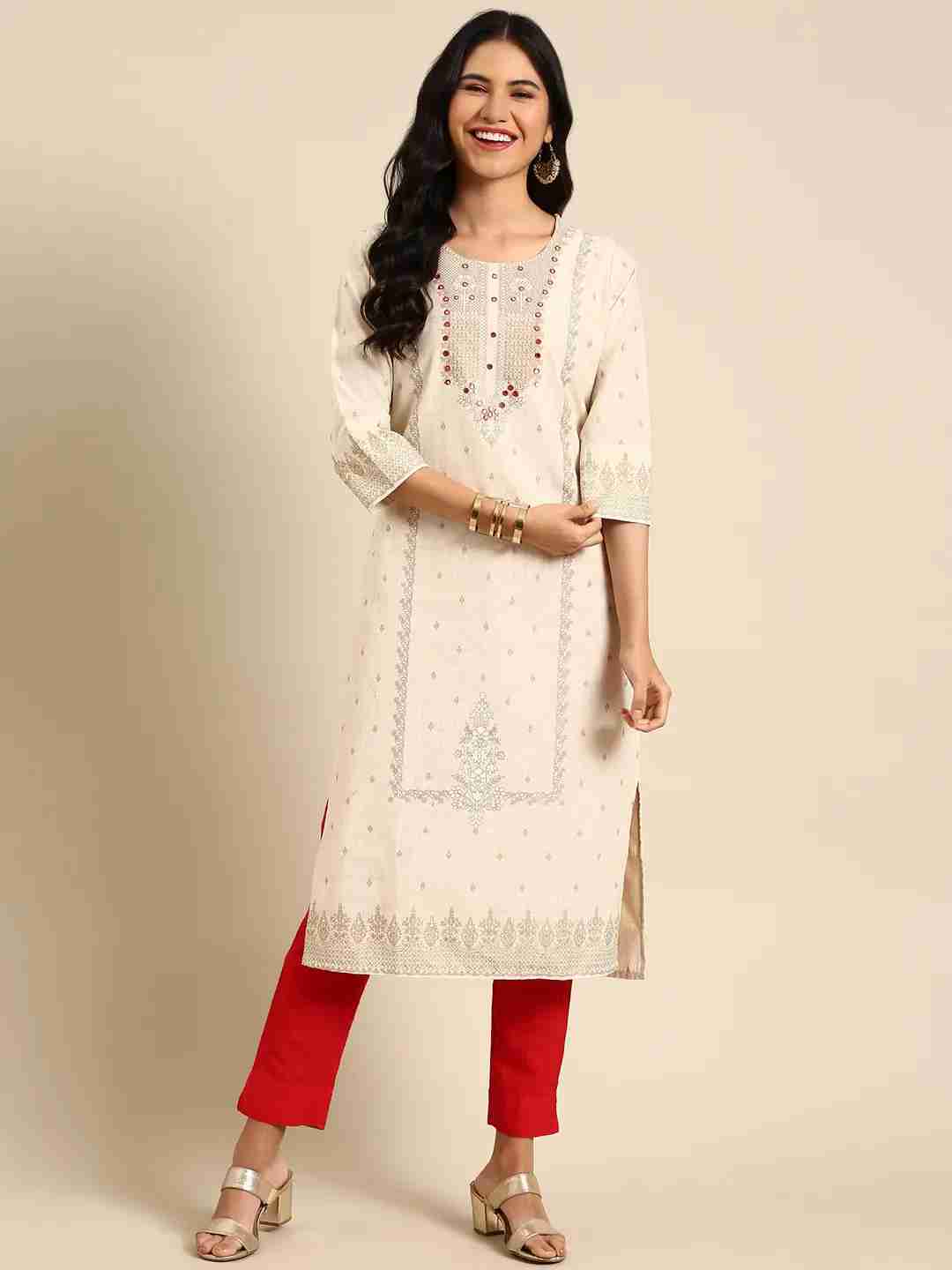 Women's Beige Cotton Printed Comfort Fit Kurtas