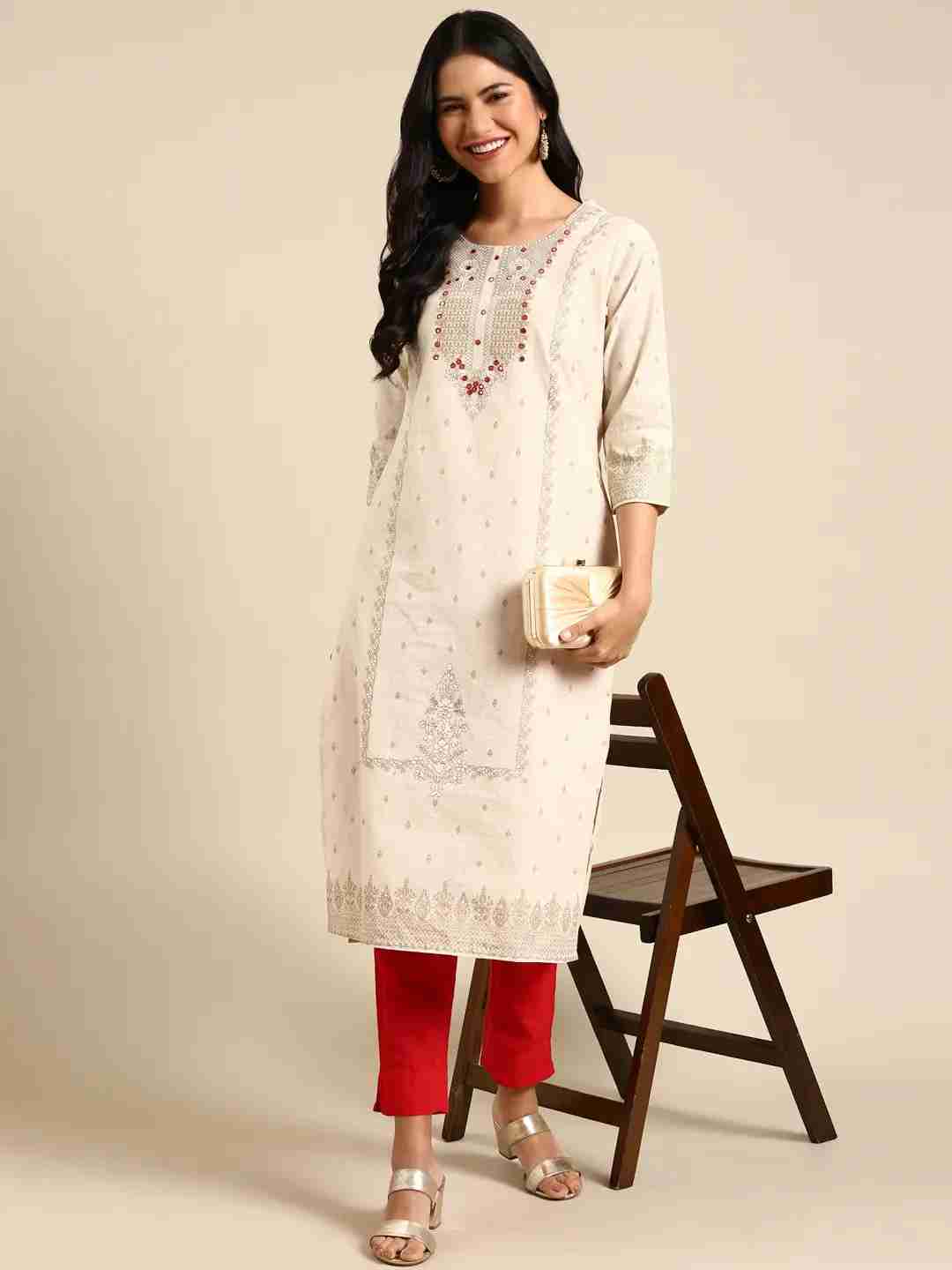 Women's Beige Cotton Printed Comfort Fit Kurtas