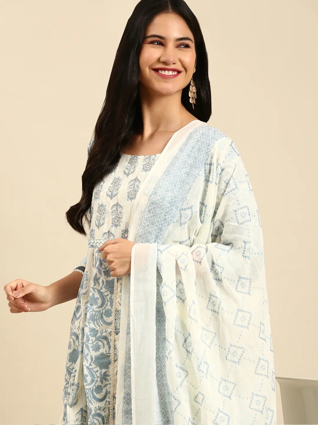 Women's Beige Cotton Blend Printed Comfort Fit Kurta Sets