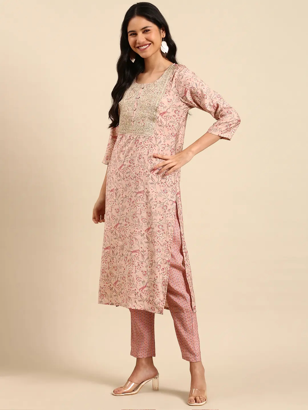Women's Pink Chanderi Printed Comfort Fit Kurta Sets