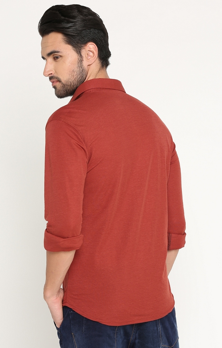 SHOWOFF Men's Knitted Full Sleeve Slim Fit Solid Rust Casual Shirt