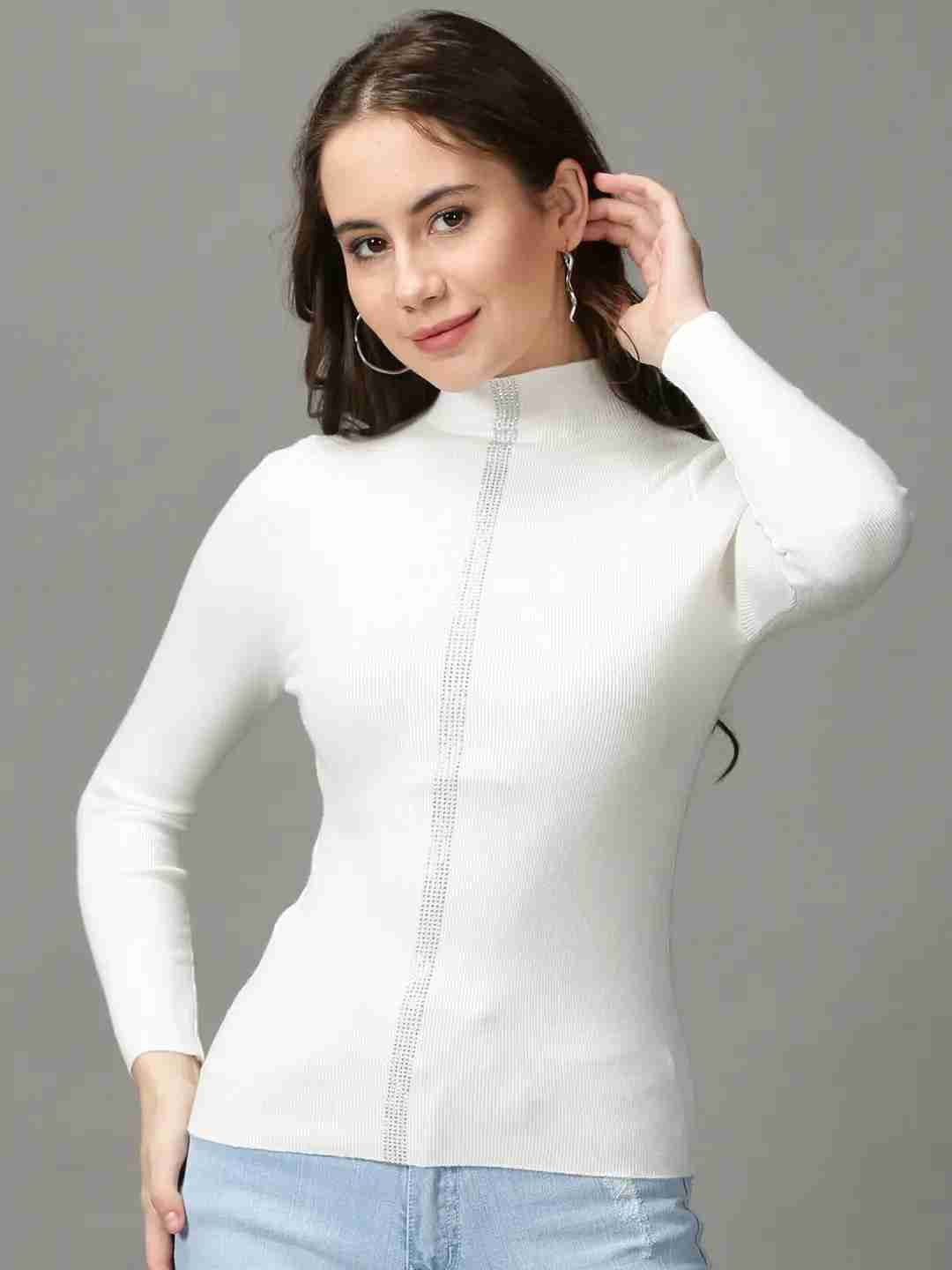 SHOWOFF Women's High Neck Fitted Embellished White Regular Top
